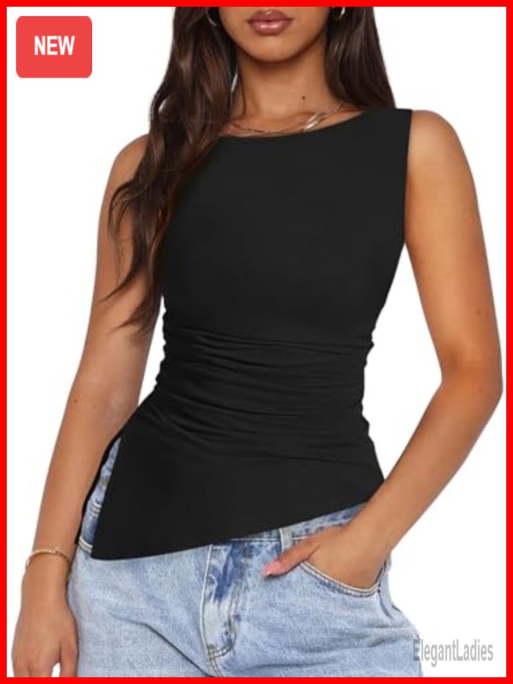 Women's Ruched Tank Top Sleeveless Boat Neck Slim Fit Summer Casual
